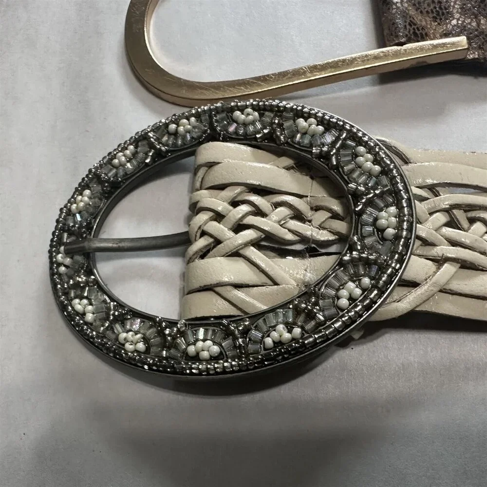 Womens Belts Set of 2 Leather Braided Nine West Beaded Buckle and Animal Print